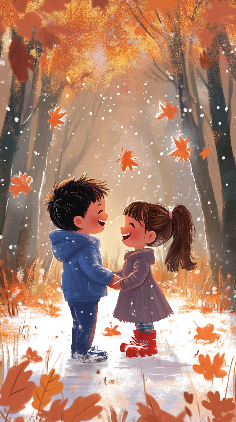 Smiling children sharing a heart shaped smile in twilight