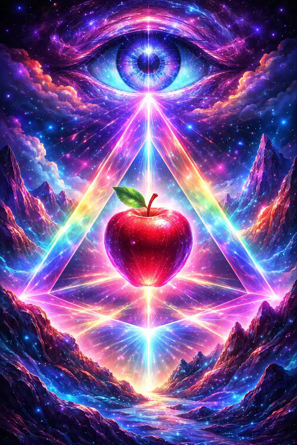 Shiny Red Apple In A Prismatic Cosmic Pyramid