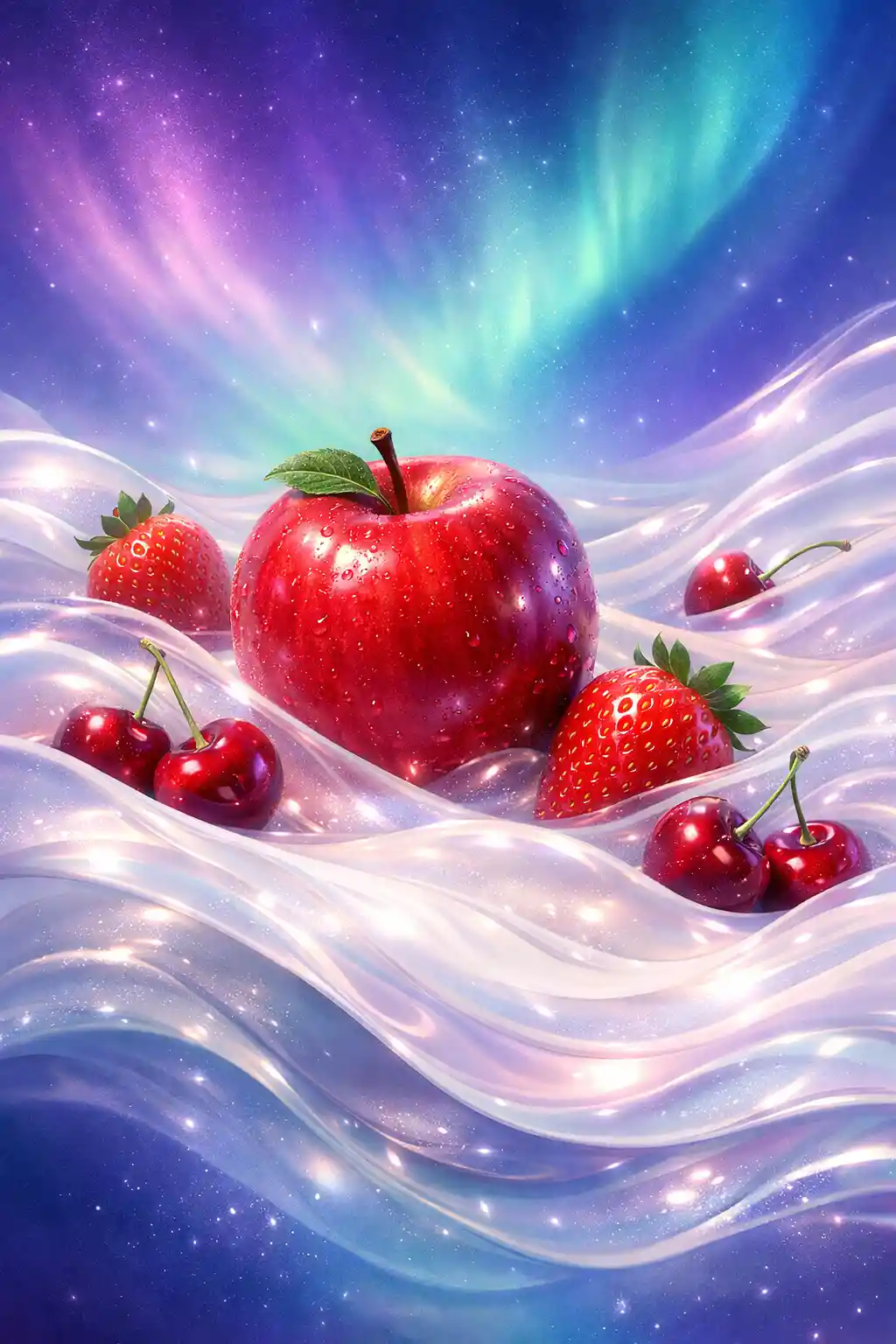 Pomme rouge 3D onirique avec fraises dans des vagues lactées