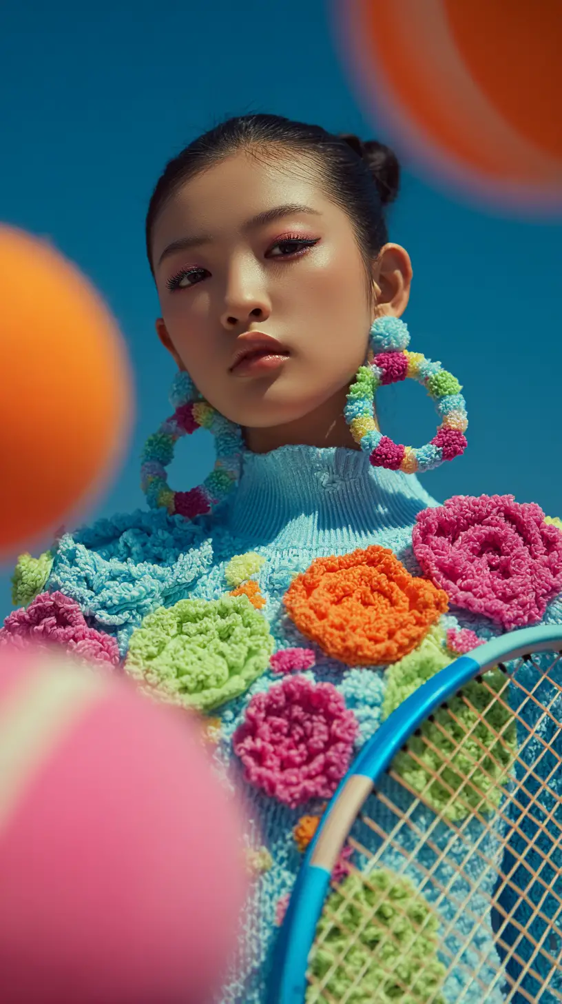 Playful fashion portrait on a sunny tennis court