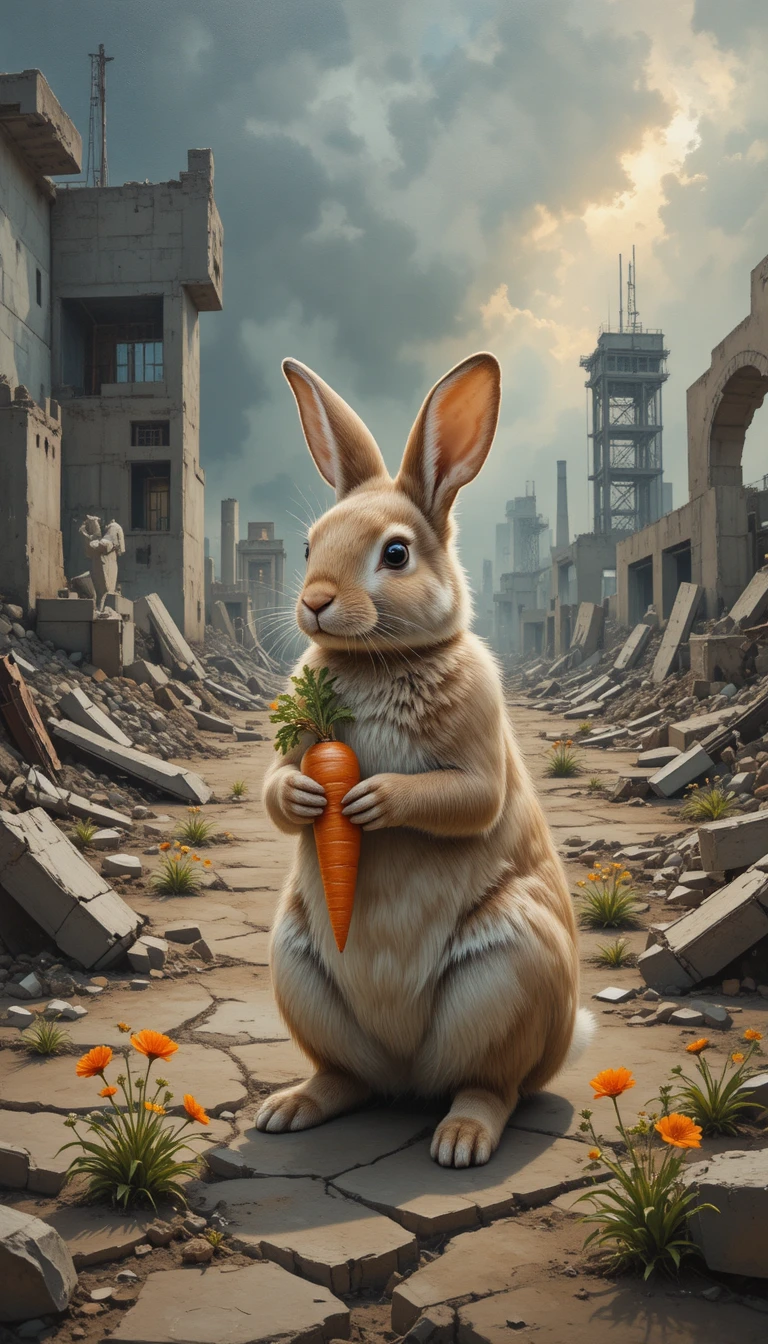 Conejo de primavera con zanahoria en un páramo en ruinas – pintura al óleo