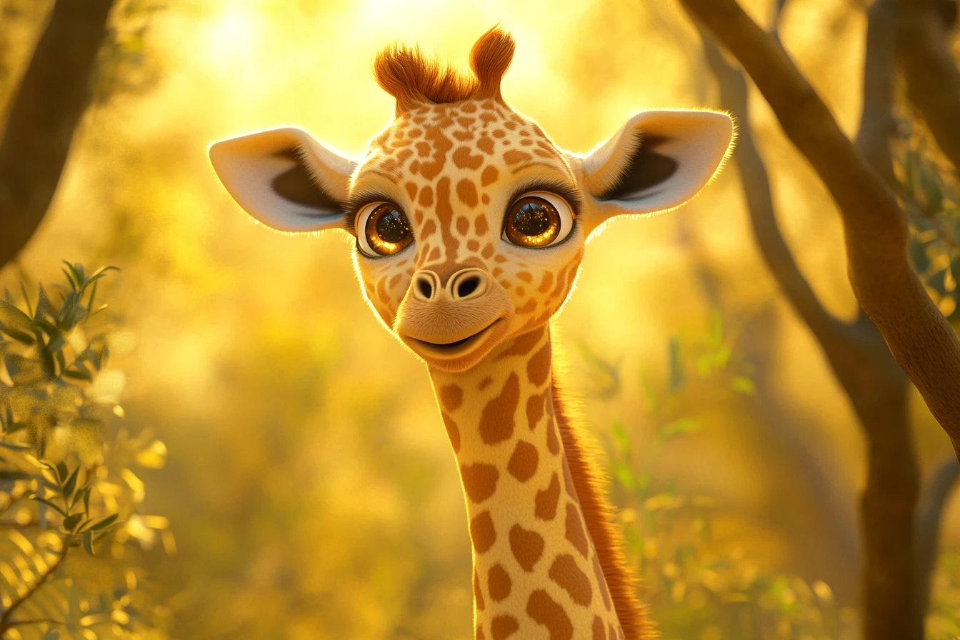Baby giraffe calf in warm sunrise African savanna