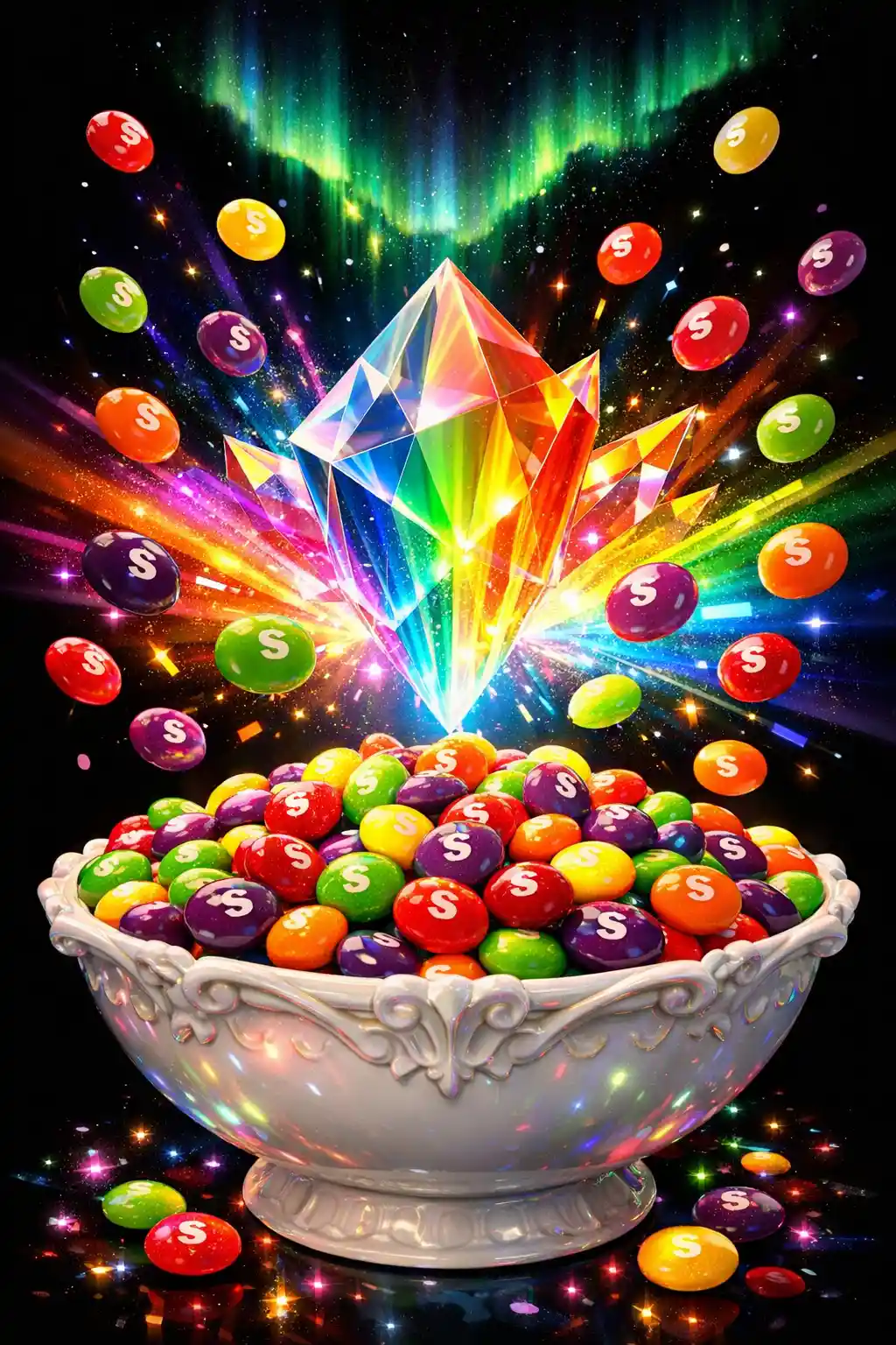Prismatic rainbow candy under glowing aurora night sky