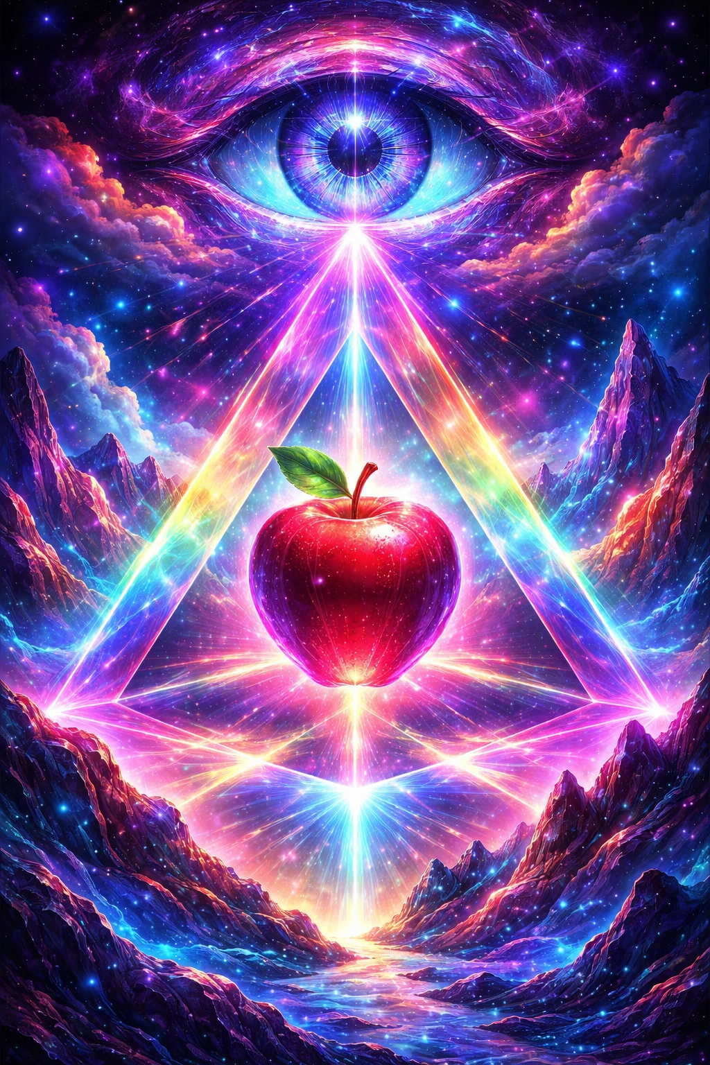 Shiny Red Apple In A Prismatic Cosmic Pyramid
