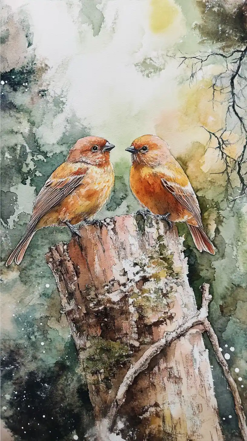 Two watercolor parrots perched on birch branch in forest