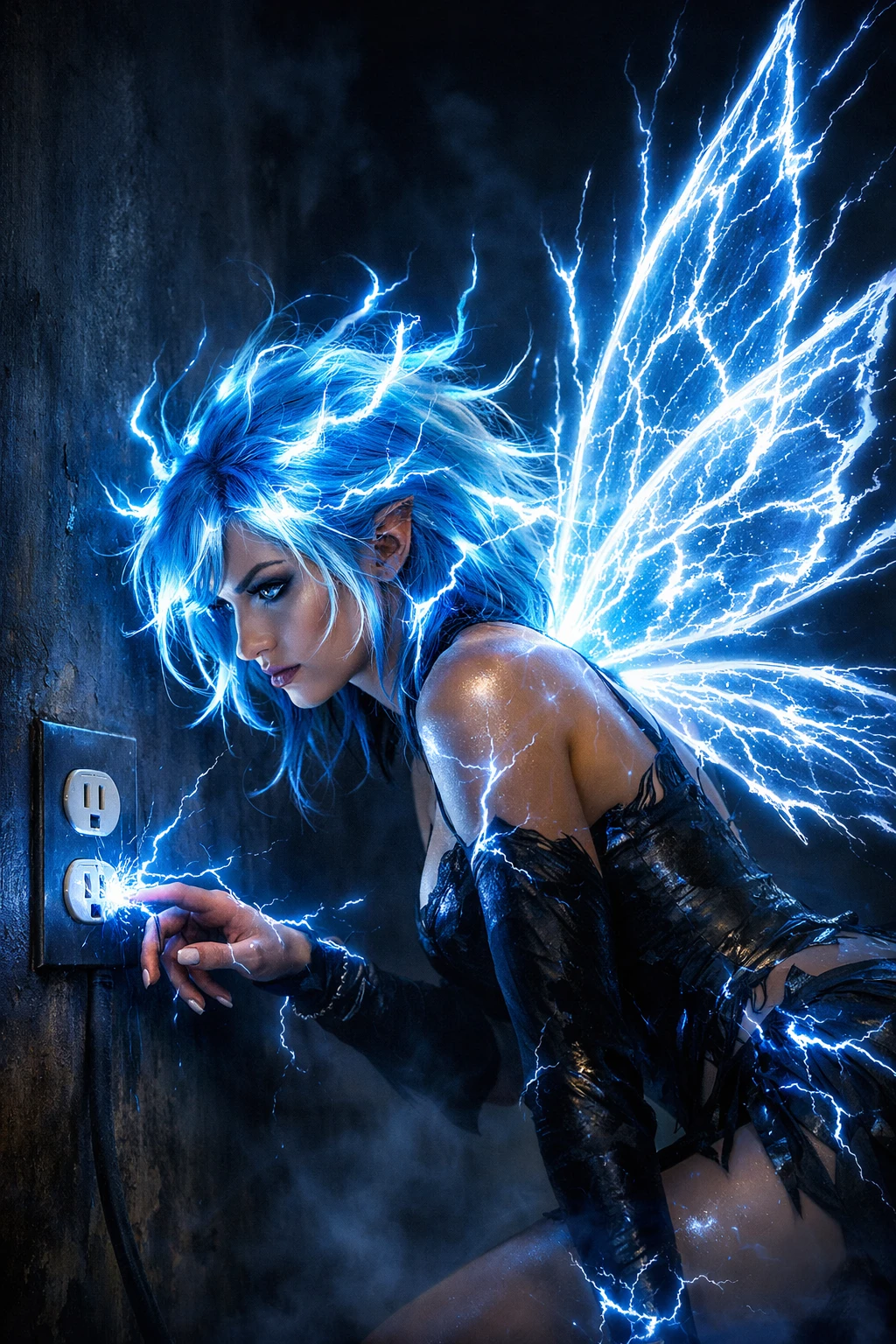 Electric fairy touching outlet with glowing blue lightning hair
