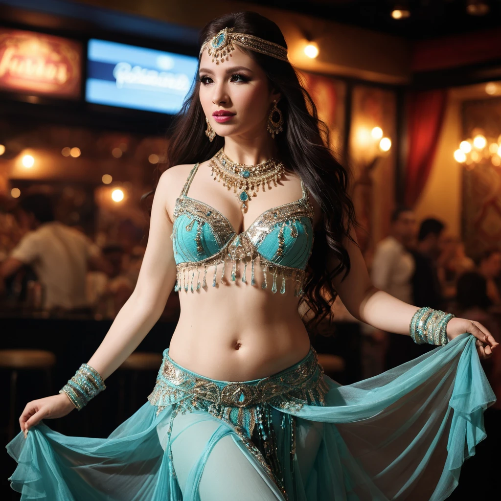 Vietnamese belly dancer performing on stage in tulle costume
