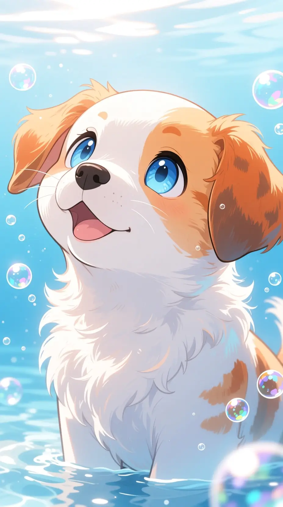 Cute anime puppy face with blue eyes and bubbles