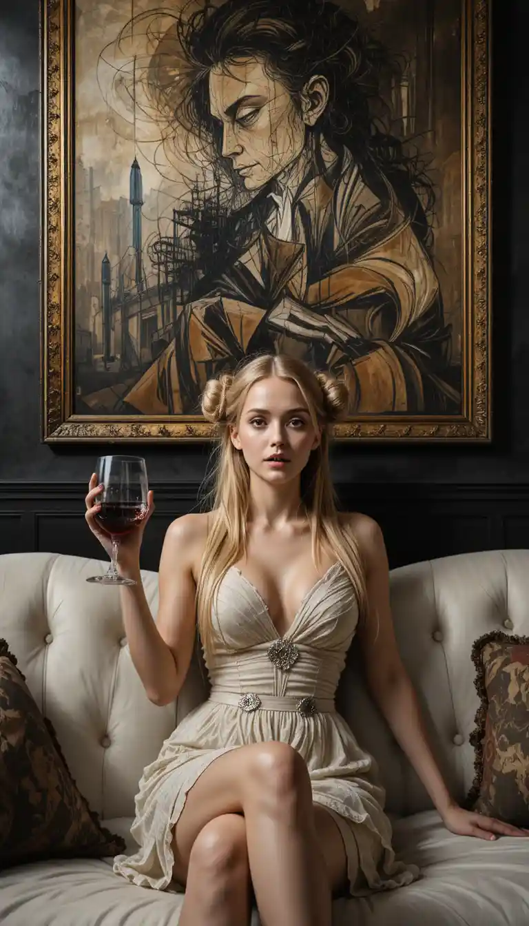 Elegant woman lounging on sofa under abstract artwork