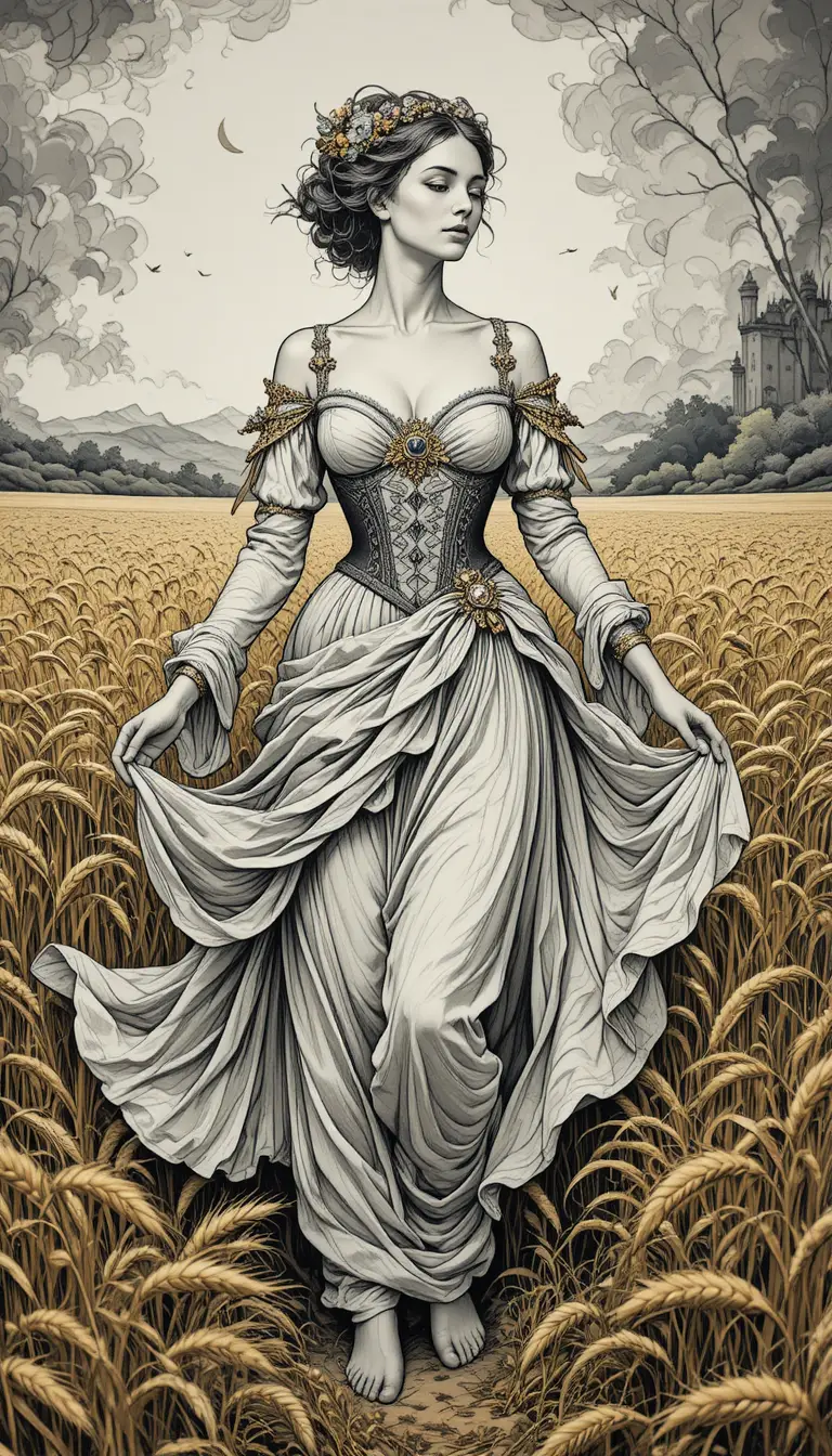 Woman in historical dress standing in a wheat field