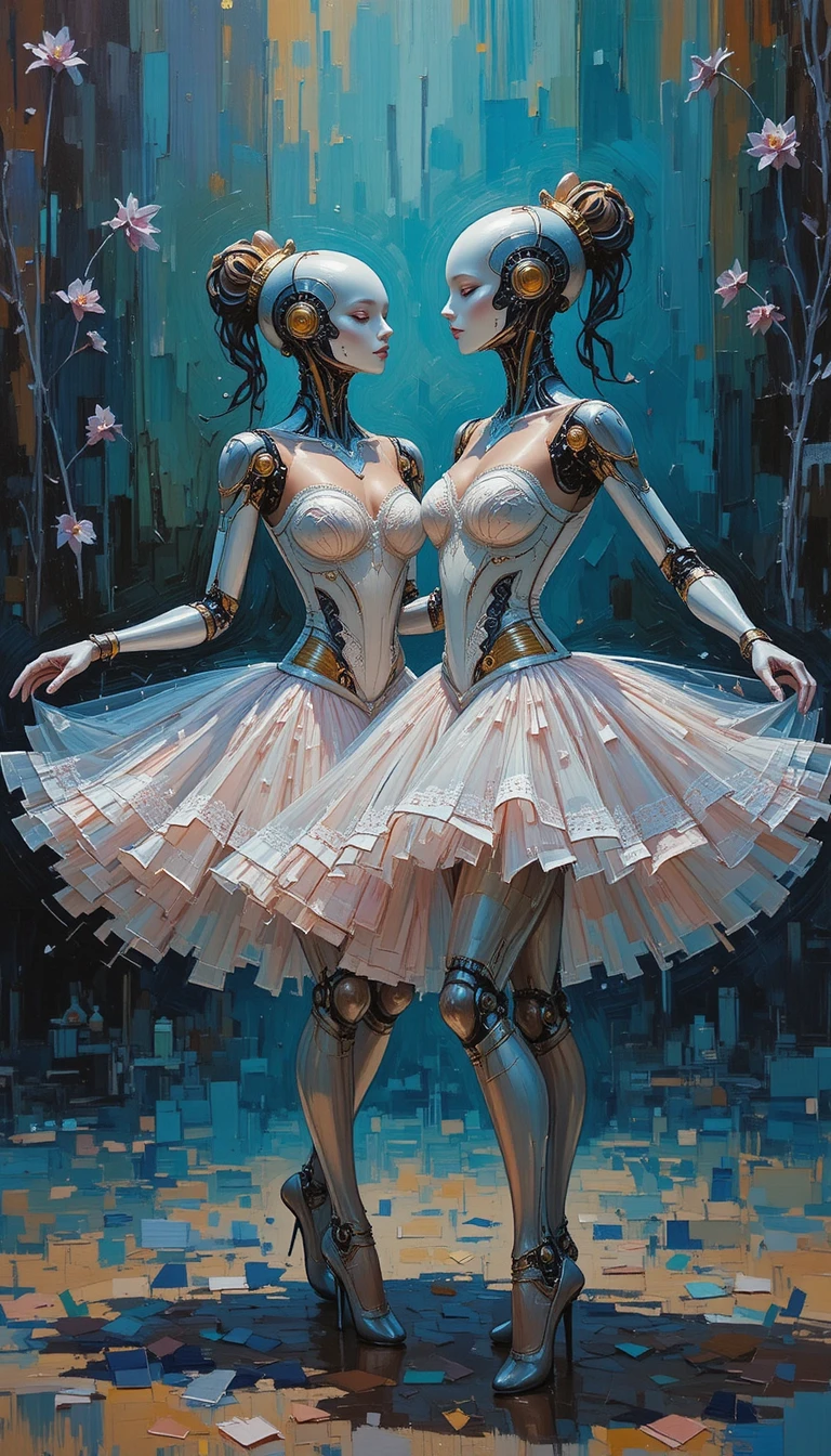Robotic ballerina women dancing in impressionist oil painting