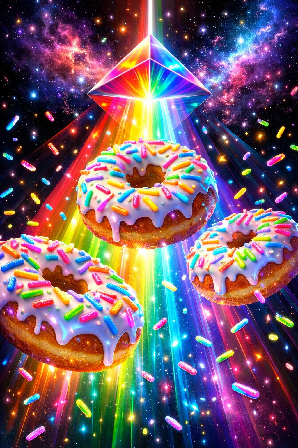 Primer plano de donuts con chispas arcoíris en brillo cósmico neón