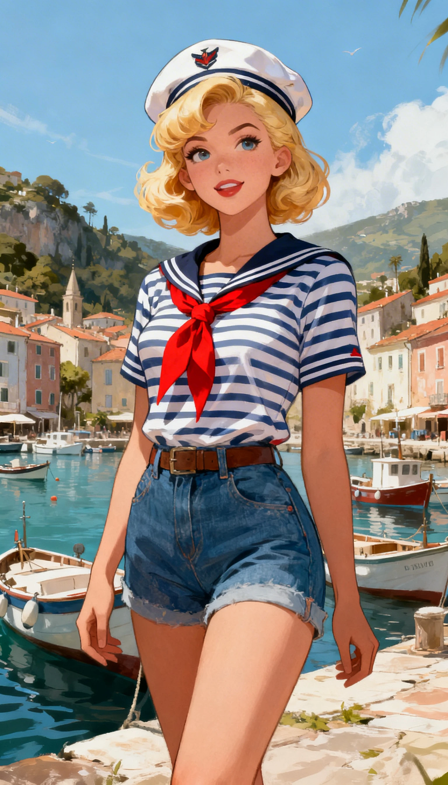 Cute sailor pinup girl standing in a small harbor town