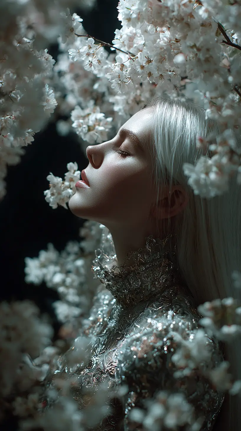 Elegant woman in silver dress among white blossoms