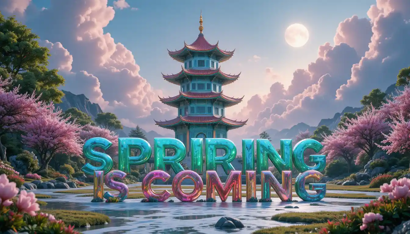 Maestosa pagoda tra ciliegi in fiore in un paesaggio fantastico