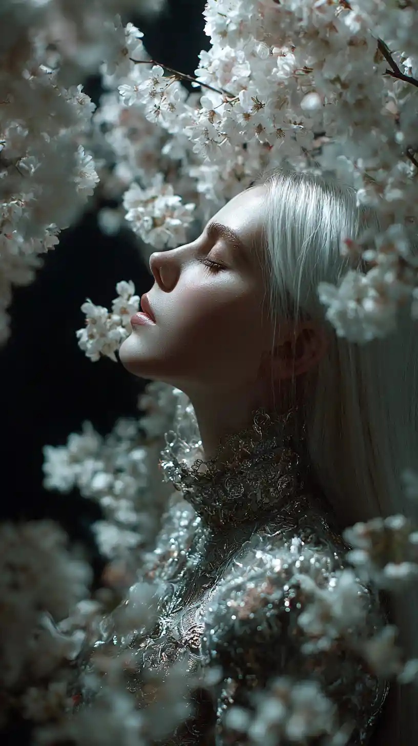 Elegant woman in silver dress among white blossoms