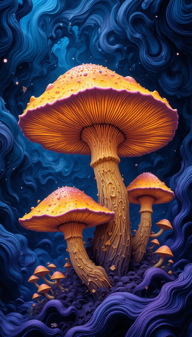 Golden mushrooms on a swirling purple and blue abstract background