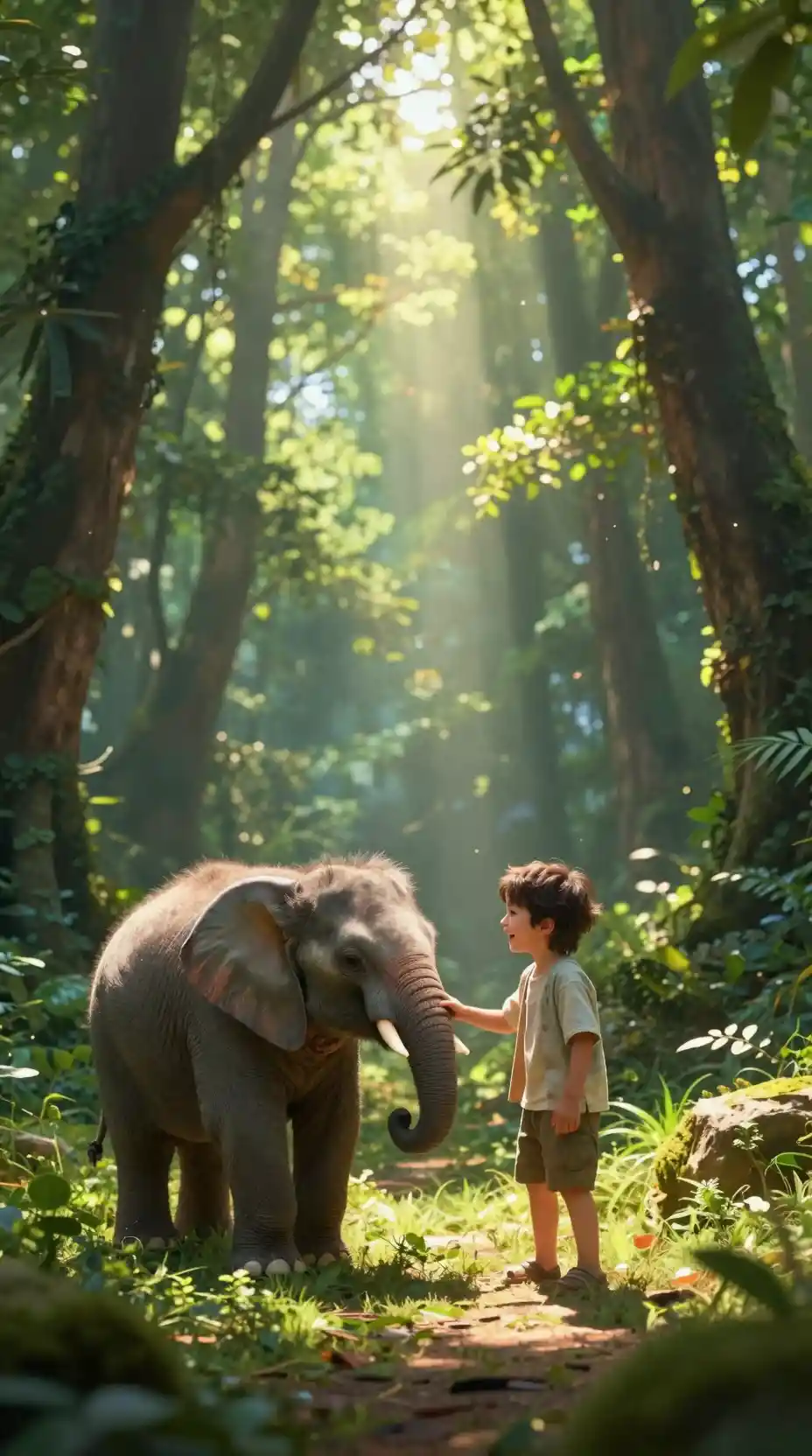 Smiling boy playing with baby elephant on forest path