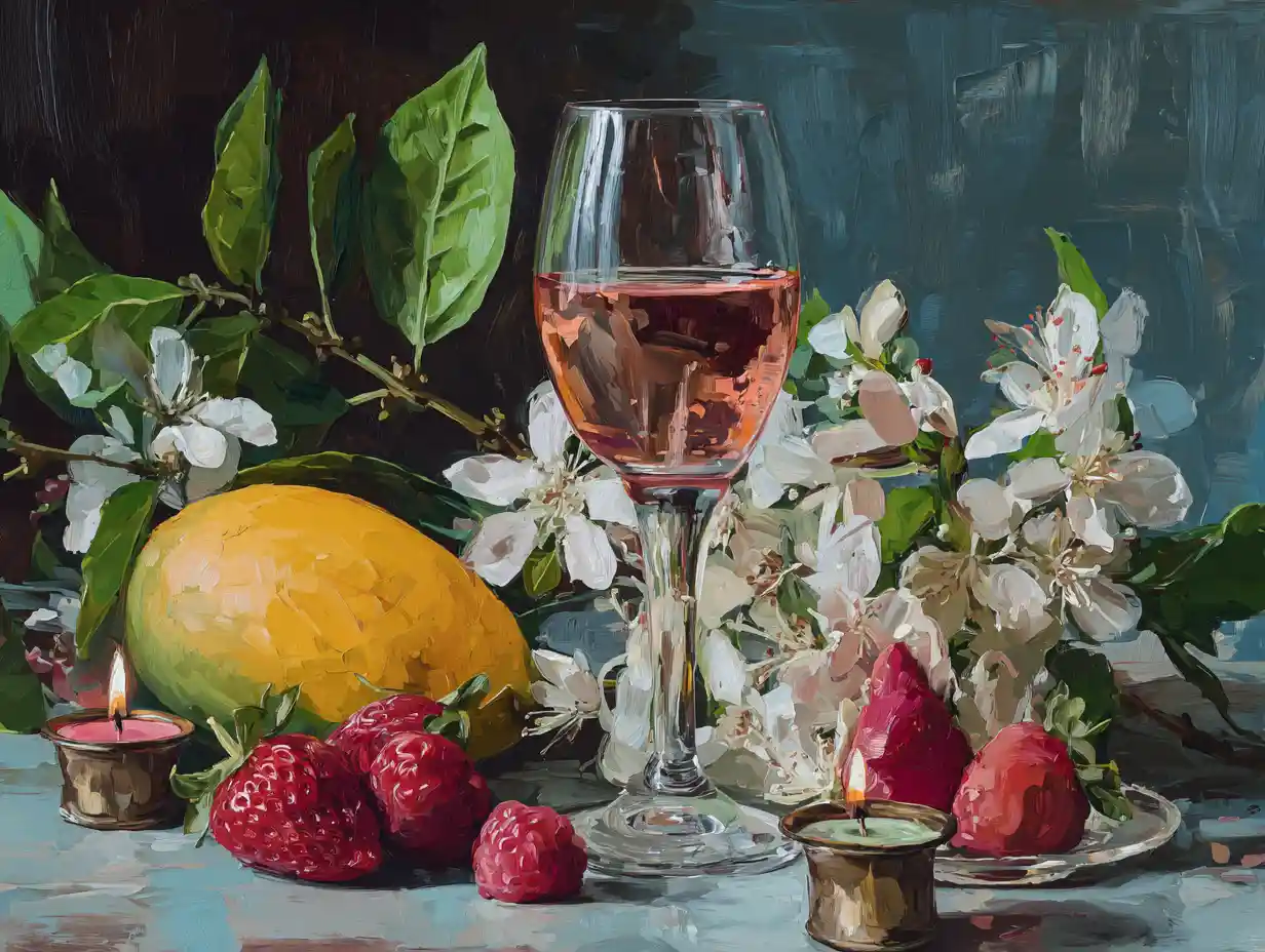 Watercolor still life with fruit wine bottle and candles