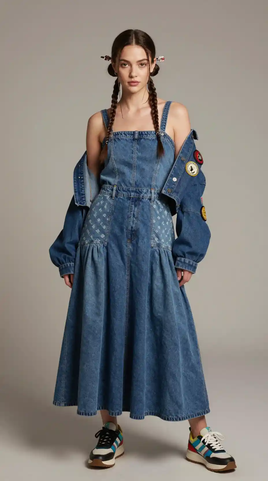 Stylish woman in layered denim dress and kimono jacket