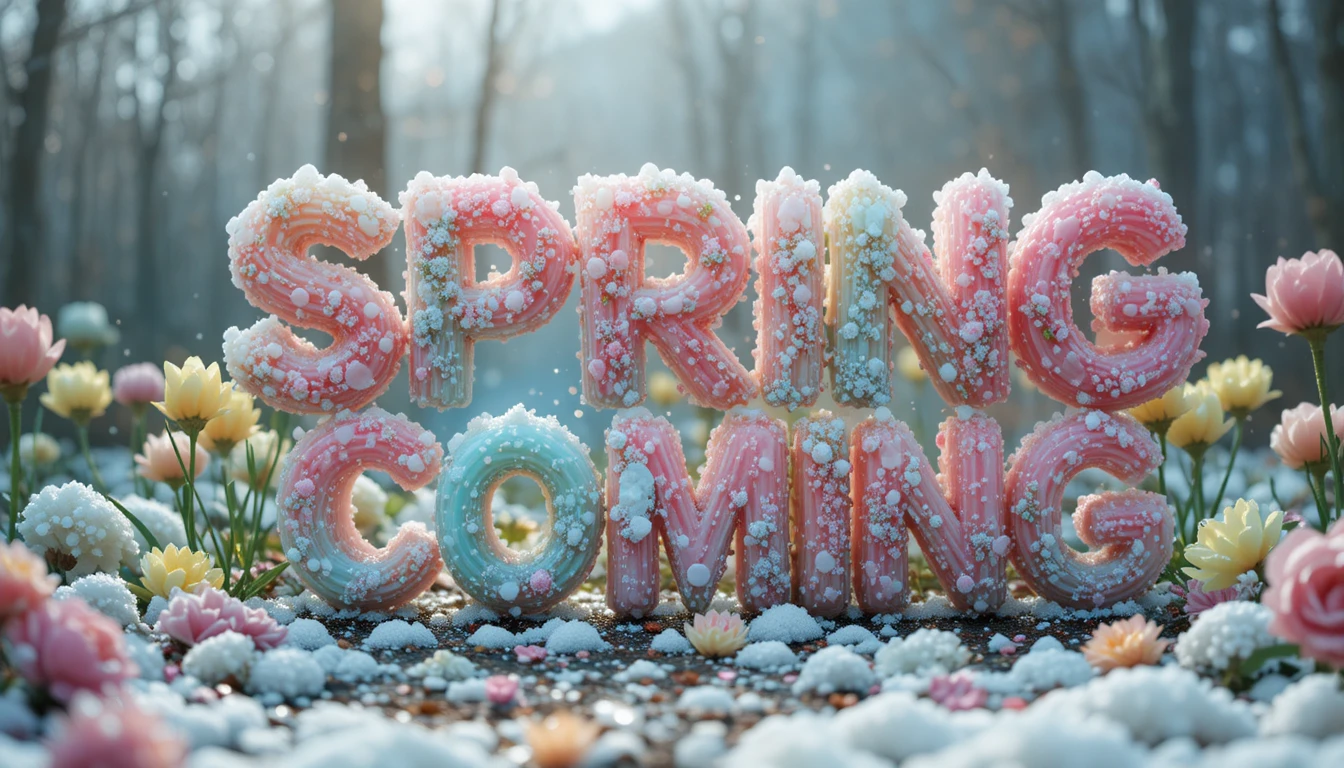 Surreal spring phrase formed by folded pearl flowers