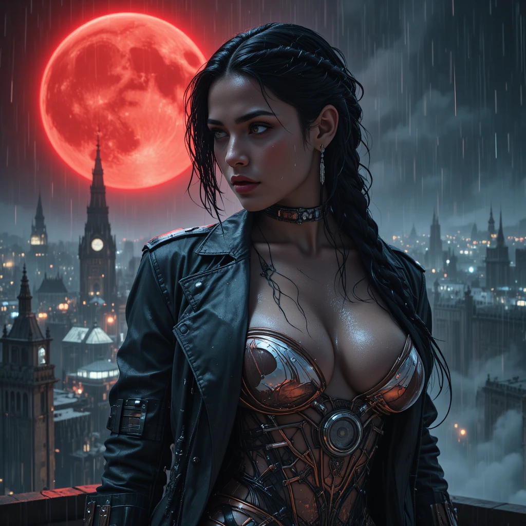 Detective cyberpunk sotto una luna rossa di sangue