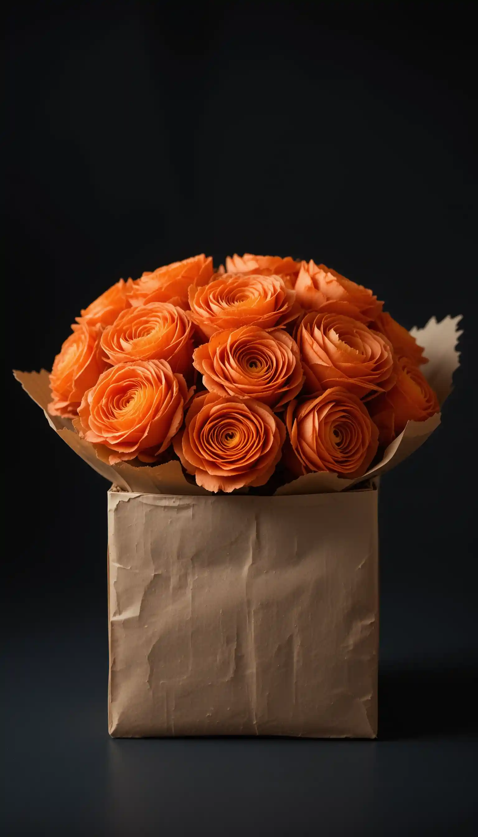 Coral ranunculus in kraft paper against deep black background
