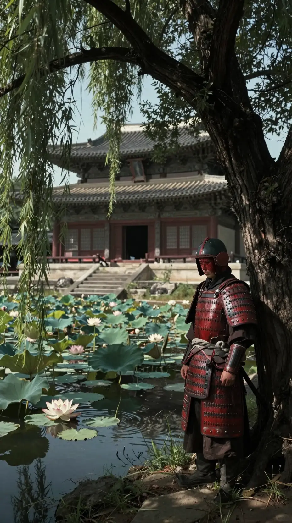 Sunlit forest pond with warrior and ancient temple