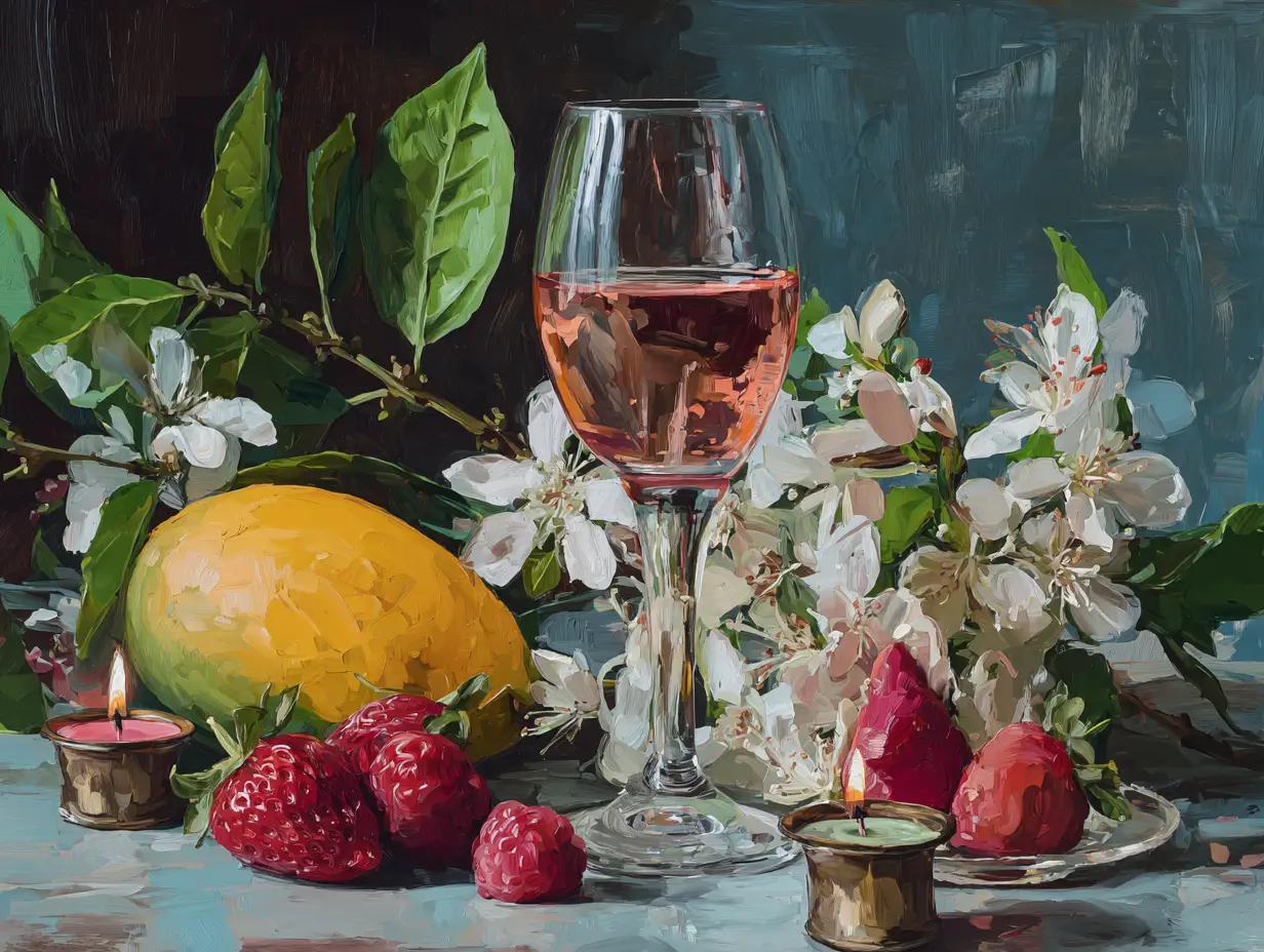 Watercolor still life with fruit wine bottle and candles