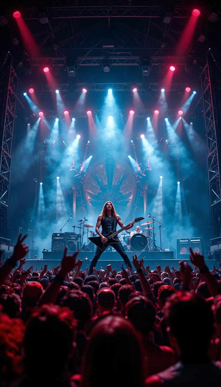 Intense metal band performing on a vast festival stage