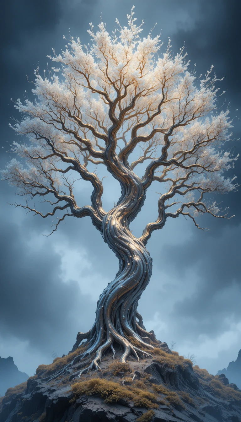 Surreal leuchtender Baum auf einem schimmernden nebligen Hügel