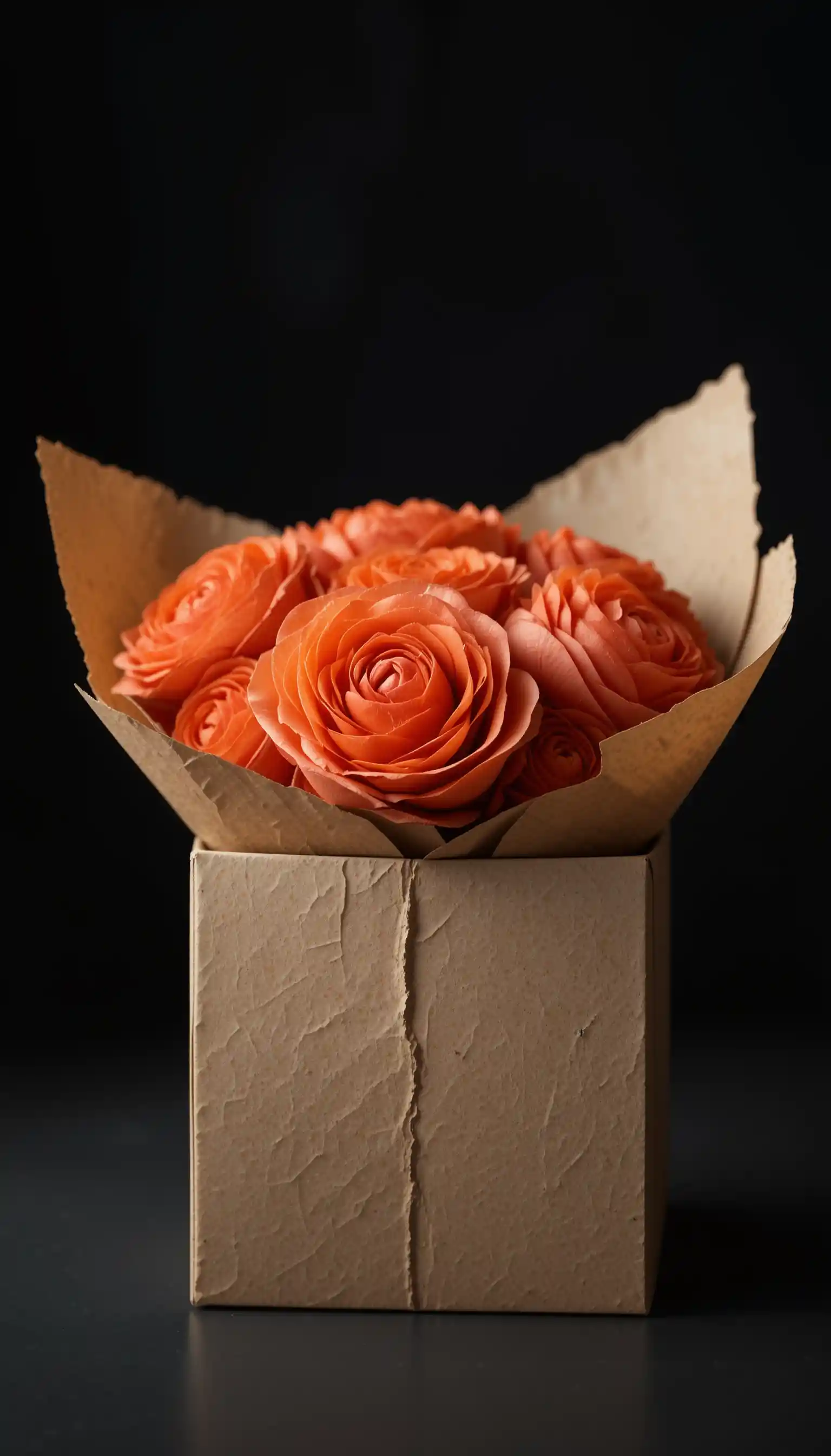 Coral ranunculus bouquet in kraft paper on black background