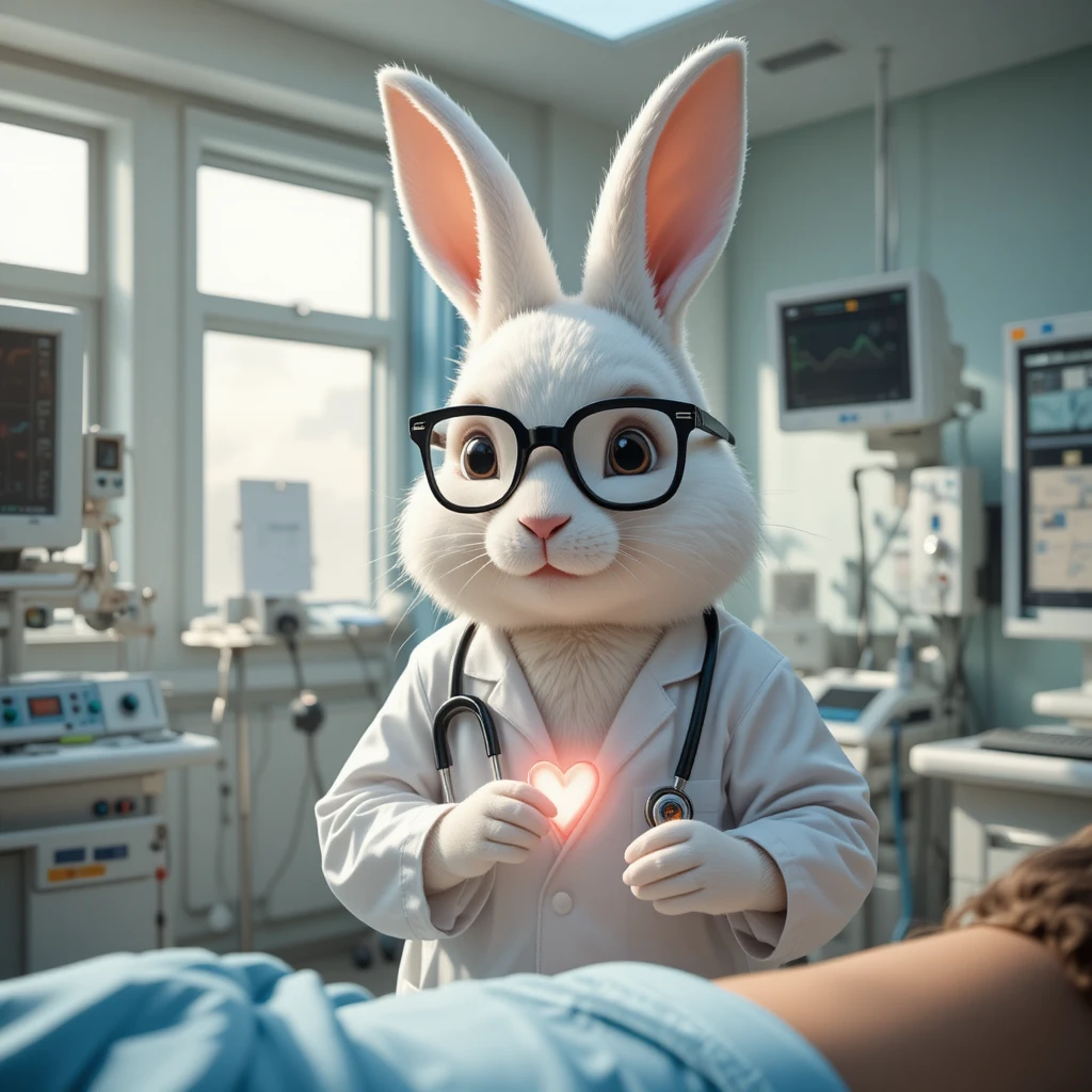 Caring Rabbit Doctor Checking Patient In Bright Hospital Room
