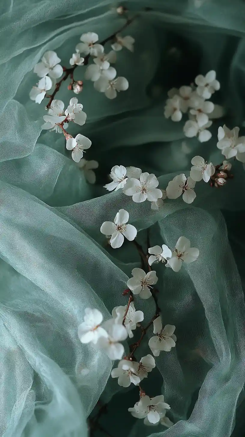White blossoms on fabric with soft pastel illustration