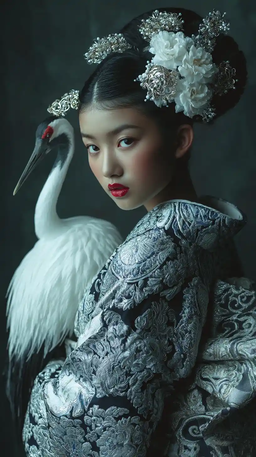 Elegante mujer asiática con kimono plateado y grulla blanca