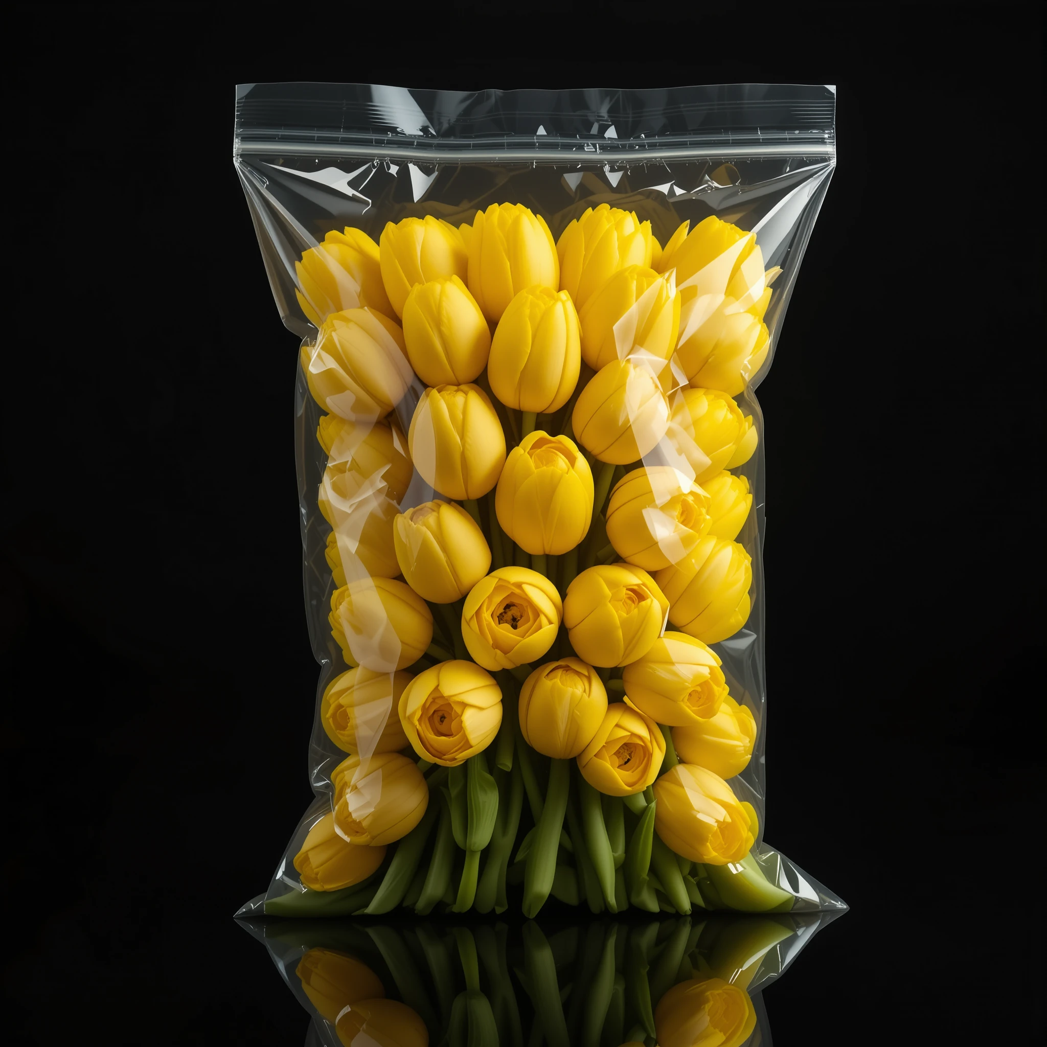 Gelbe Tulpen vakuumversiegelt in klarer Folie vor schwarzem Hintergrund