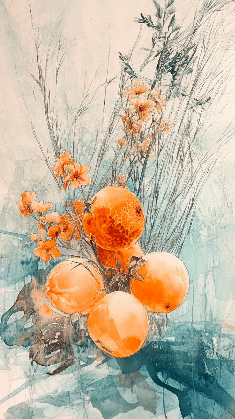 Acuarela de naturaleza muerta con frutas y flores sobre fondo teal abstracto