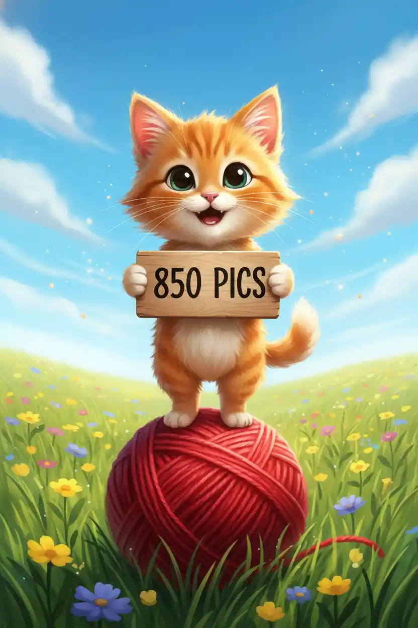 Cute orange cartoon cat on giant red yarn ball