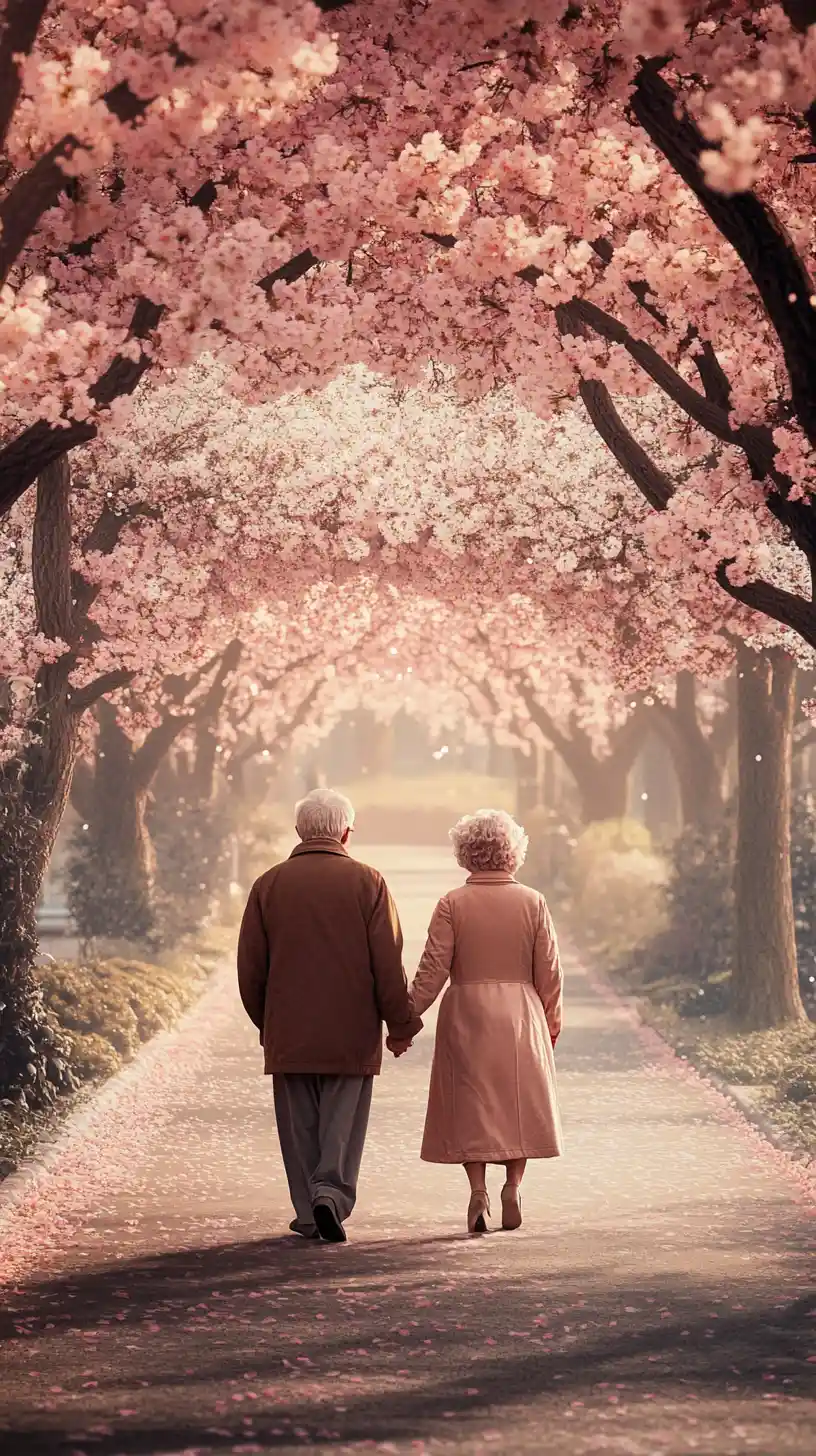 Couple âgé marchant ensemble sous des cerisiers en fleurs