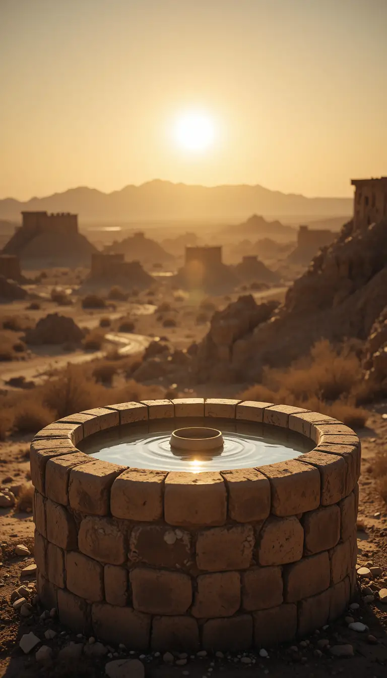 Abandoned Clay Water Jar Beside Glowing Stone Well