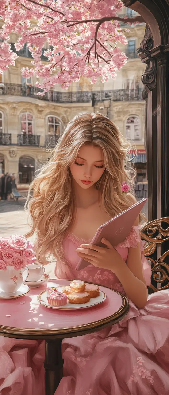 Young woman reading at a romantic Paris cafe