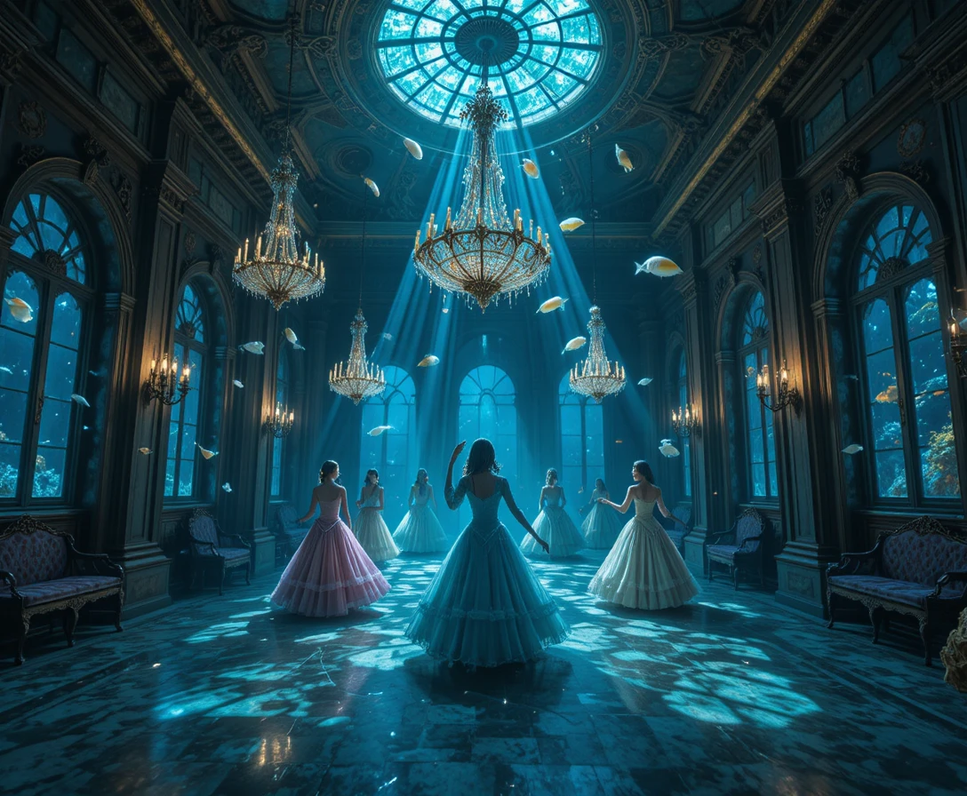 Abandoned Venetian ballroom glowing beneath the ocean surface