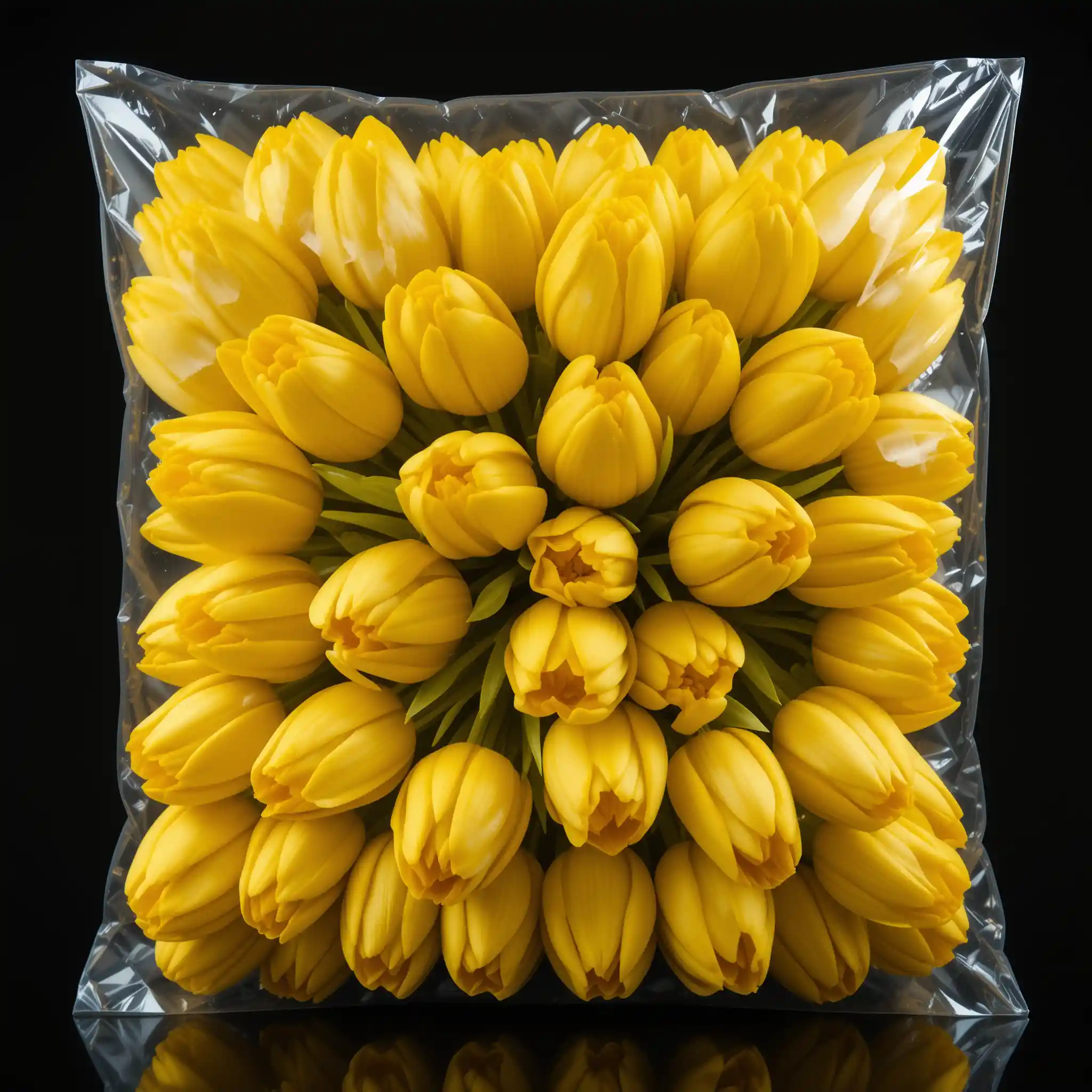 Tulipani gialli sigillati sottovuoto in una busta di plastica quadrata trasparente
