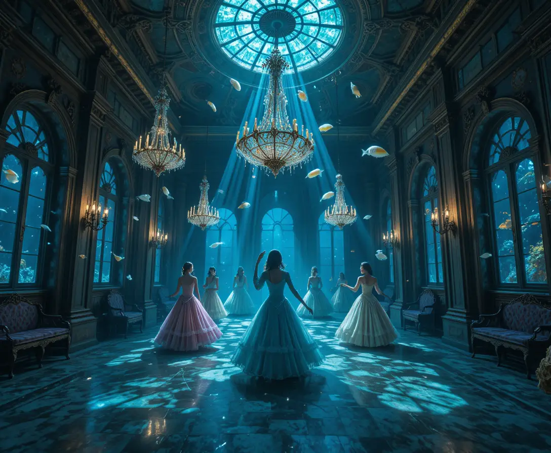 Abandoned Venetian ballroom glowing beneath the ocean surface