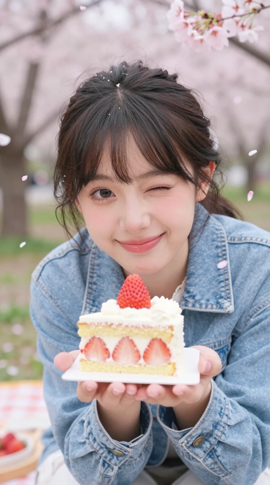 櫻花樹下遞上草莓蛋糕的少女