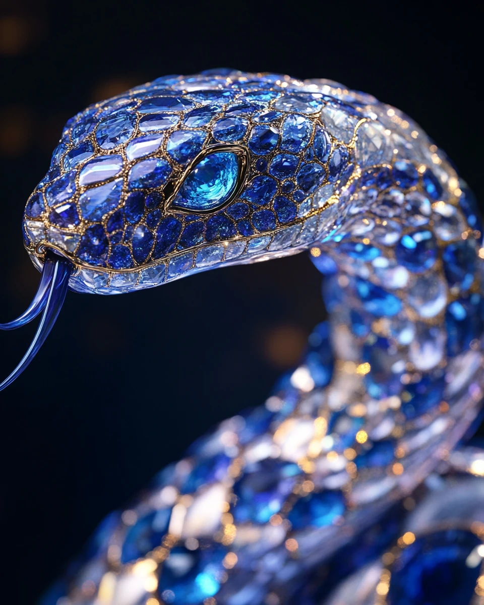 Jeweled Serpent Sculpture In Blue Gem Encrusted Coiled Pose