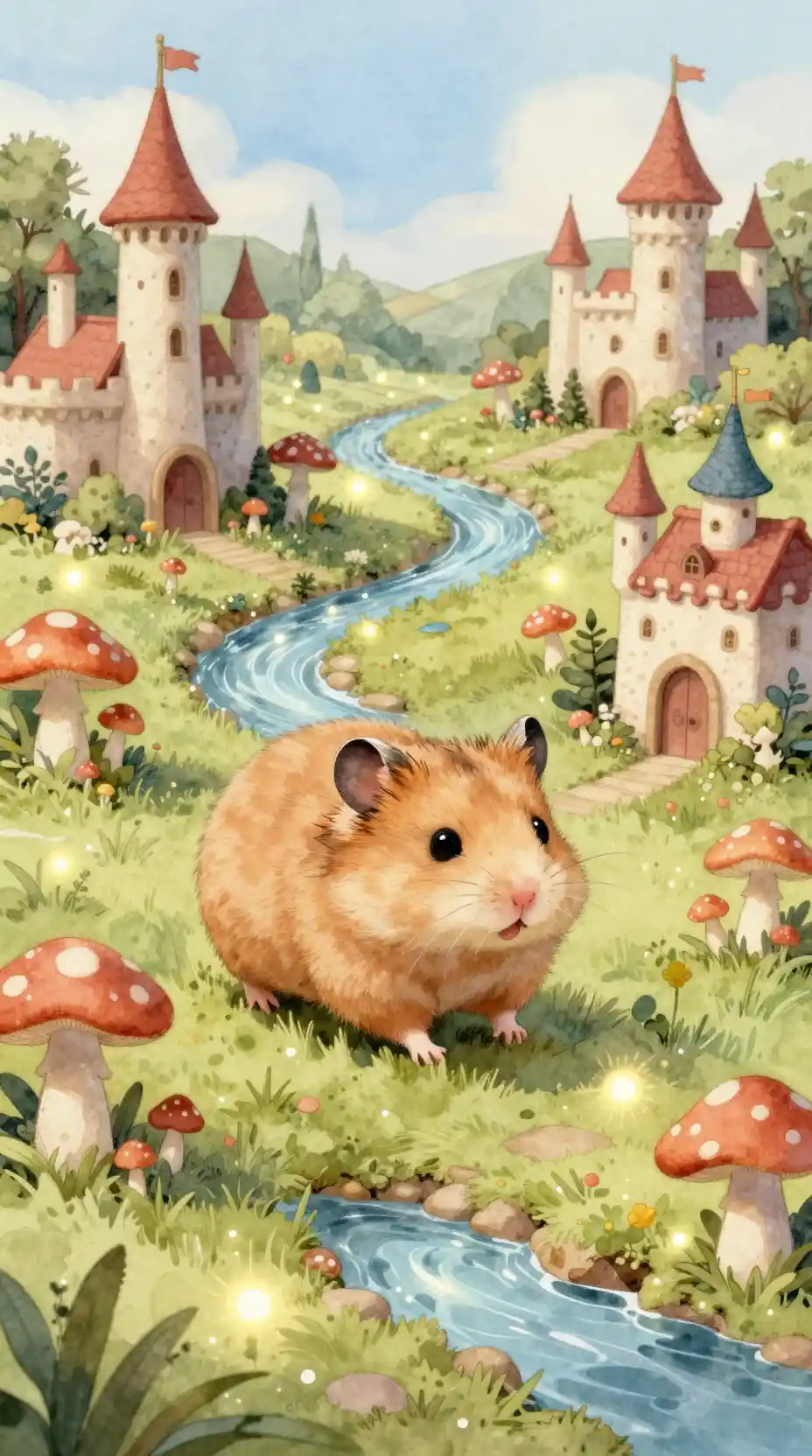 Dolce criceto che esplora un magico mondo fantasy in miniatura