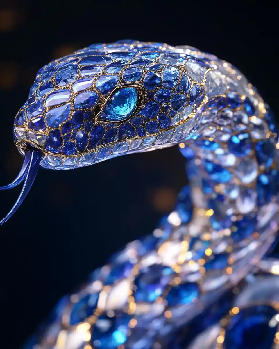 Jeweled Serpent Sculpture In Blue Gem Encrusted Coiled Pose