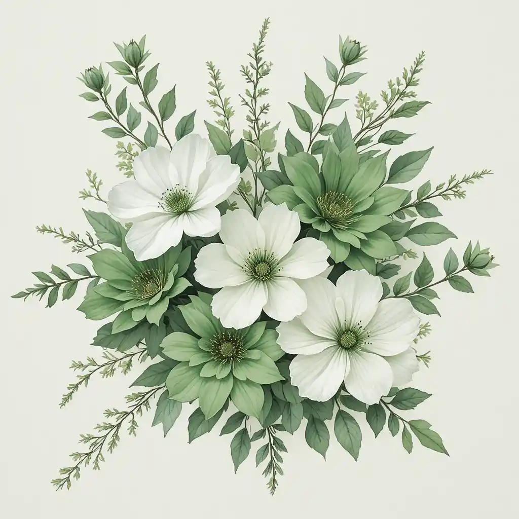 Ilustración de ramo floral en acuarela verde suave y blanco