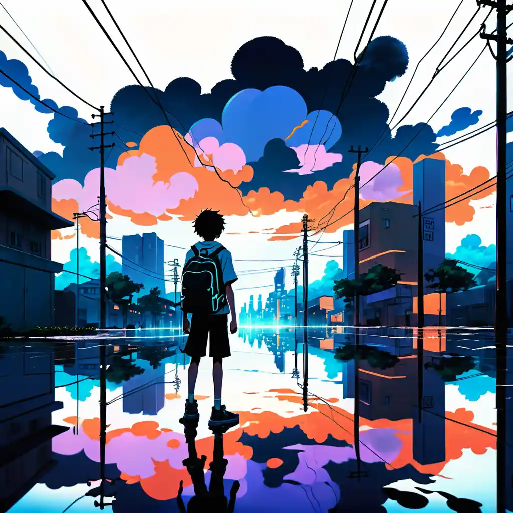 Lone boy in flooded futuristic city under swirling sky